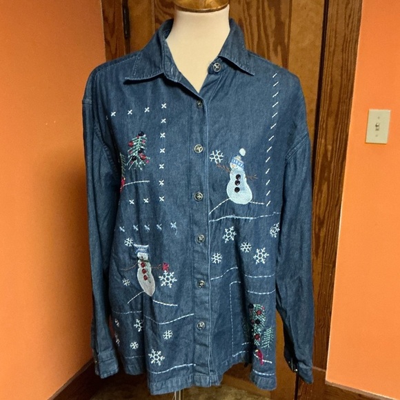 Vtg Y2K embroidered snowman denim shirt - Picture 7 of 10
